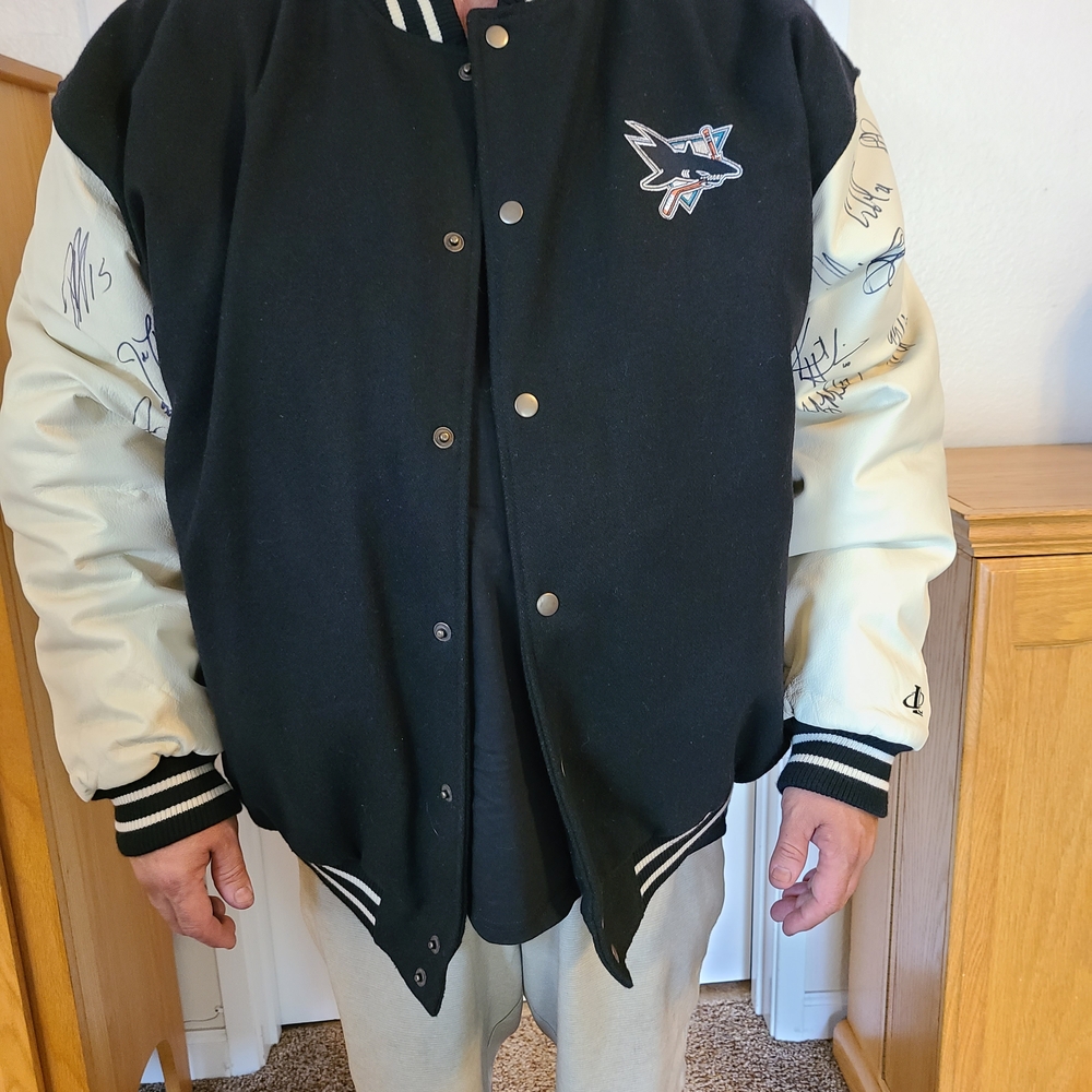 San Jose Sharks Autographed Logo Athletic Black Varsity Jacket Leather 2009-2010